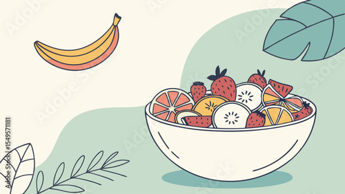 Stylized Bowl of Fruit and Banana Illustration.