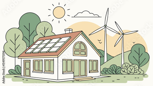 Sustainable Home with Solar Panels and Wind Turbines Illustration.
