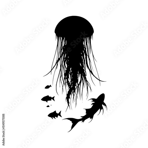 Abstract black and white jellyfish and fish illustration