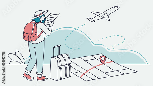 Traveler Examining Map with Luggage and Flying Airplane Illustration.