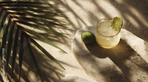 Refreshing beverage on a stone surface with natural light and a palm leaf, creating a summery vibe.