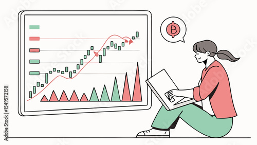 Woman analyzing Bitcoin stock market chart on a laptop.