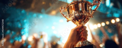The trophy held aloft in celebration of victory and achievement at an event.