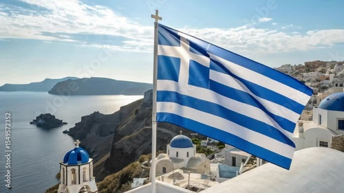 Majestic Greek Flag Waves Over Santorini's Caldera, Stunning Coastal View