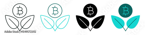 Yeld farming icon set. Bitcoin coin with plant leaves. Cryptocurrency and blockchain concept. Editable vector stroke. Black and green symbol for web or UI. Perfect for apps and digital platforms.