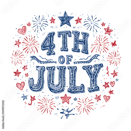 USA Independence Day Vector Illustration – Heart Accents, Fireworks & Festive Typography
