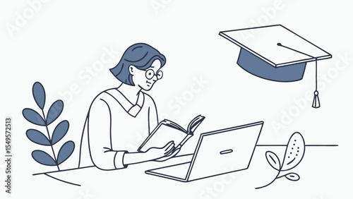Woman Studying with Book and Laptop Graduation Cap Overhead.