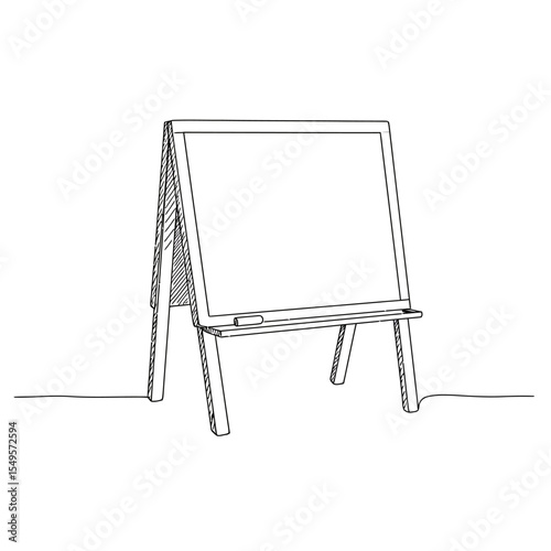 Simple line drawing of an easel with a blank whiteboard, ready for use.