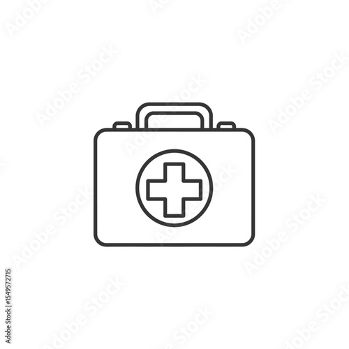 A simple line art illustration of a first aid kit with a prominent medical cross symbol on the front.