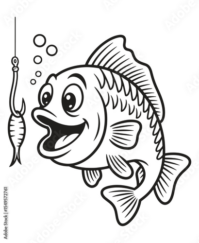 Happy cartoon fish caught on fishing hook illustration