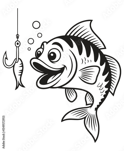 Happy cartoon fish with fishing hook and lure