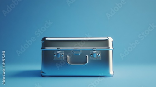 A silver metal briefcase with a handle and lock, sitting on a blue surface.