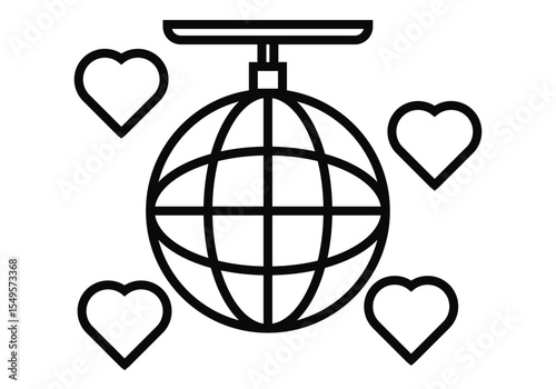Icono negro de bola de discoteca con corazones 