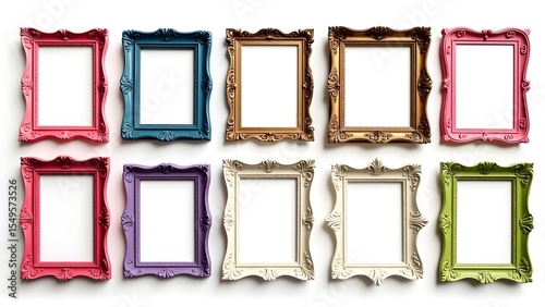 Set of colorful vintage picture frames with blank space. The frames are designed in classic baroque-style edges, with colors including pink, blue, gold, green, and purple