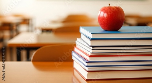 Stack of school textbooks with red apple on top