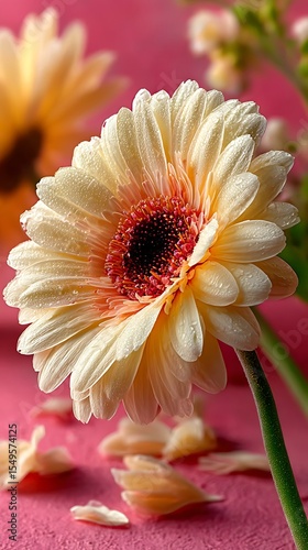 Close-up of a Delicate Pale Yellow Gerbera Daisy with Water Droplets on Petals, Set Against Pink Background.