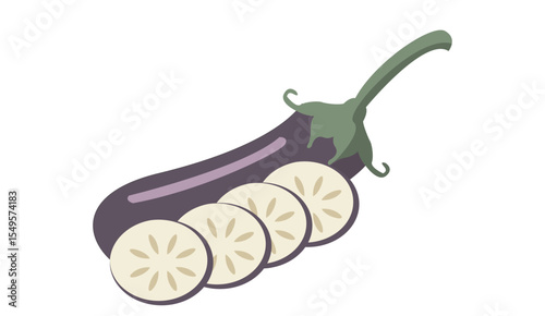 Whole and Sliced Purple Eggplant – Vector Illustration