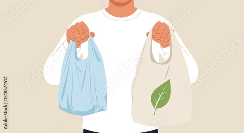 Person holding a plastic bag and a reusable bag with a leaf design.