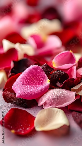 Close-up of Fresh Rose Petals with Water Droplets in Various Shades of Red, Pink, and Cream.