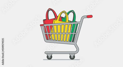 Shopping cart overflowing with colorful shopping bags, symbolizing consumerism and retail purchases.