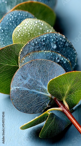 Close-up of fresh eucalyptus leaves with water droplets on a blue background, showcasing nature's beauty and intricate leaf vein patterns.