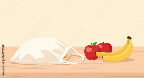 A simple illustration shows a reusable bag with apples and bananas on a wooden surface.