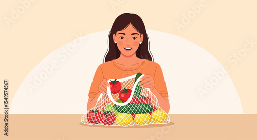 A woman smiling while holding a mesh bag filled with fresh fruits and vegetables.