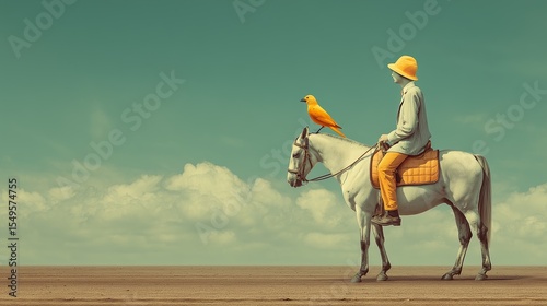 Man riding white horse with yellow bird in surreal landscape