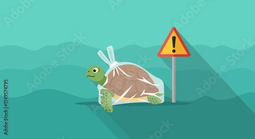 A turtle is trapped in a plastic bag next to a warning sign, symbolizing environmental pollution.