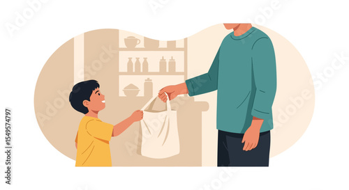 A young boy receives a plastic bag of groceries from a man in a store.