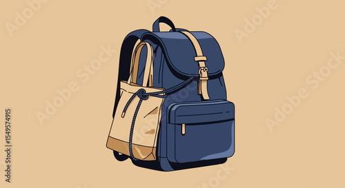 A blue and tan backpack with a tote bag inside, on a neutral background.