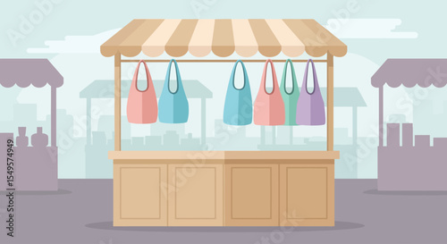 Market stall with striped awning displaying colorful tote bags, other stalls visible in the background.
