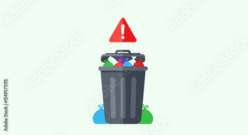 Full overflowing trash can with warning sign, highlighting waste disposal issue.