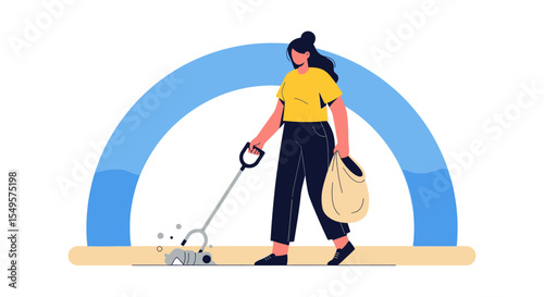 Woman picking up trash with a grabber tool, holding a bag, against a stylized background.