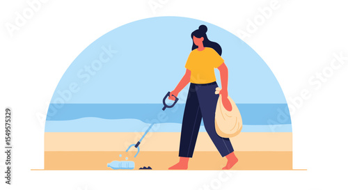 A woman picking up trash on a sandy beach, promoting environmental cleanup.