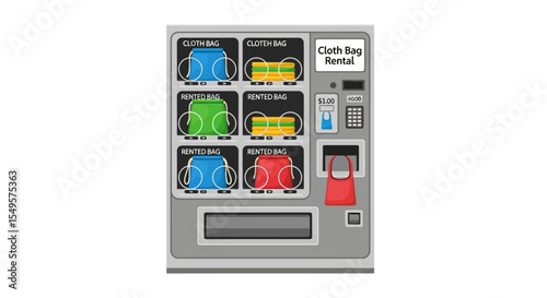 A gray vending machine dispenses colorful cloth bags, offering a rental service.