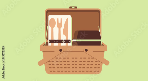 Open picnic basket filled with cutlery, napkins, and food containers.
