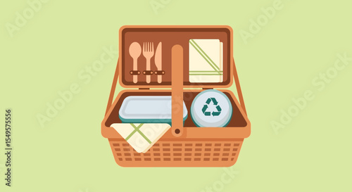 Cartoon depiction of an open picnic basket with food, cutlery, and recycling symbol.