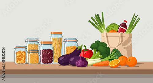A colorful illustration of fresh vegetables, fruits, and pantry staples arranged on a surface.