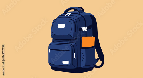 Illustration of a blue backpack with multiple pockets and straps, set against a light brown background.