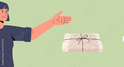 A person reaching towards a wrapped package, suggesting delivery or gifting.