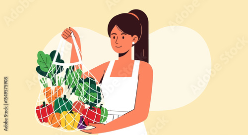 Woman carrying a reusable mesh bag filled with fresh vegetables, showcasing a healthy and sustainable lifestyle.