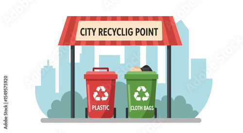 Illustration of a city recycling point with separate bins for plastic and cloth bags, under a red awning.