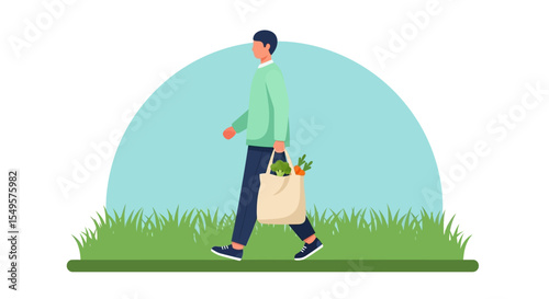 A man walks carrying a reusable bag filled with vegetables in a grassy area.