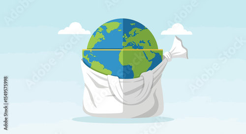 Earth enclosed within a white bag, symbolizing environmental issues and global impact.
