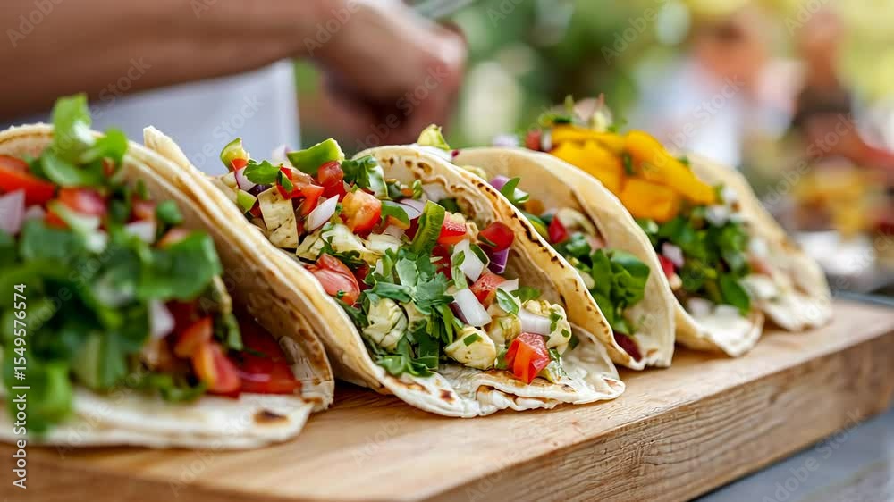 Freshly prepared chicken tacos with colorful vegetables on rustic wooden platter outdoors