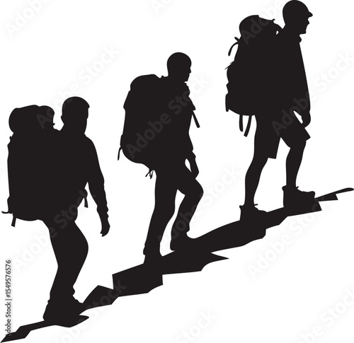 Three Backpackers Hiking Up a Mountain in Silhouette Vector Illustration