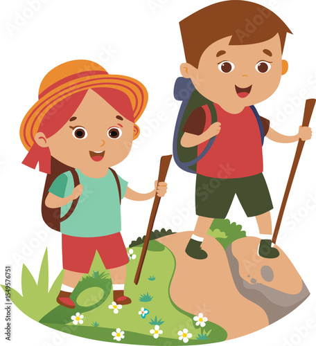 Cartoon Kids Hiking in Nature with Backpacks and Walking Sticks