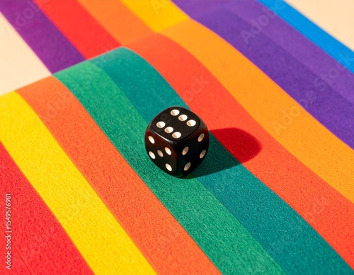 A single black die with white pips sits atop a vibrant, rainbow-striped background, symbolizing chance, risk, and the unpredictable nature of life.