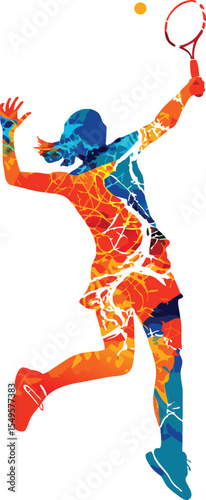 Abstract Colorful Tennis Player Serving with Racket and Ball on White